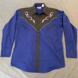 ELY Diamond Shirt Mens Large Blue Black Western Snap Front Embroidered Yoke